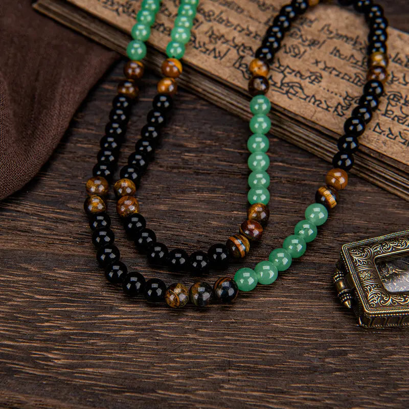 Obsidian Necklace With Green Aventurine And Tiger's Eye Pendants, A Healing Crystal
