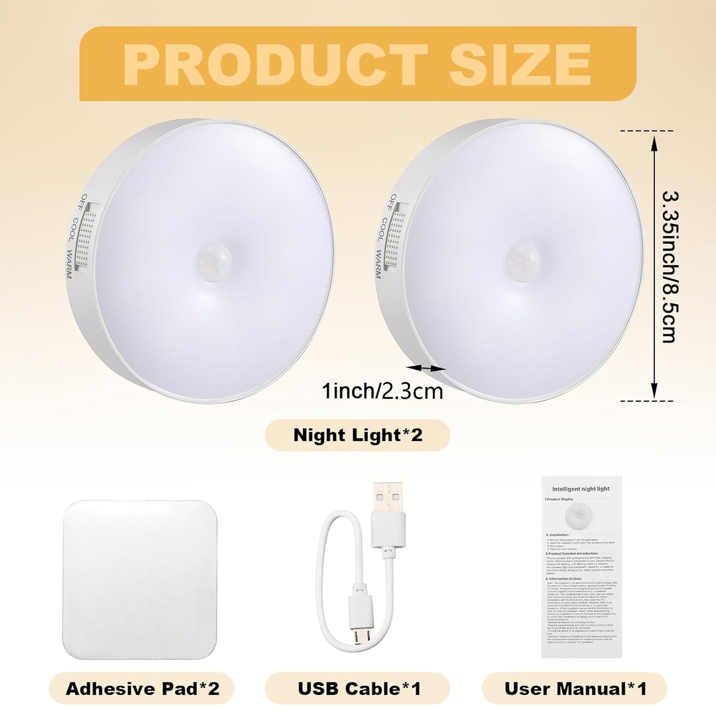 2 Pcs Magnetic Cruise Ship Motion Sensor Light with USB Cable (White & Warm)