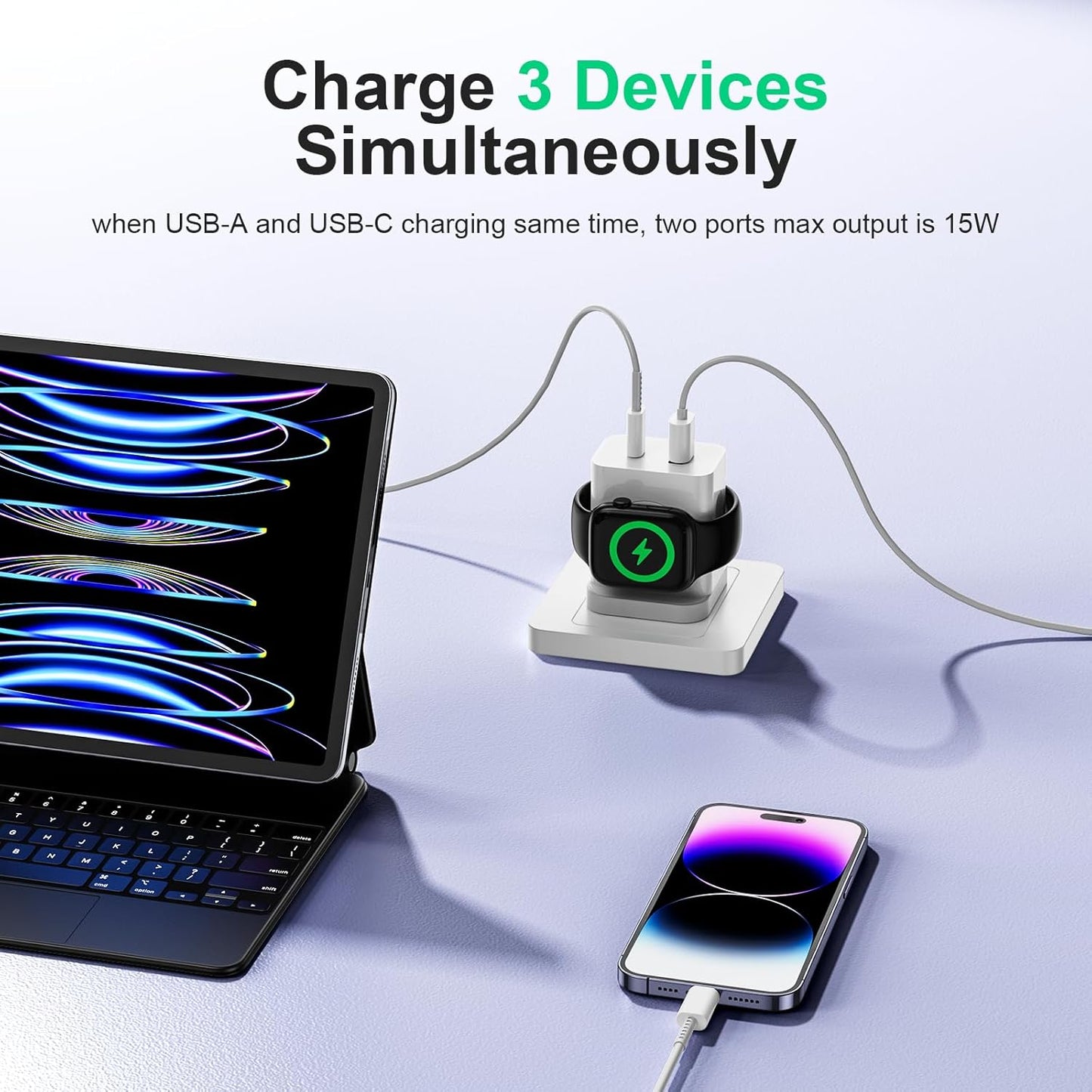 Dual Ports Wall Charger with Magnetic Wireless Charging Compatible with iPhone, Apple Watch Series