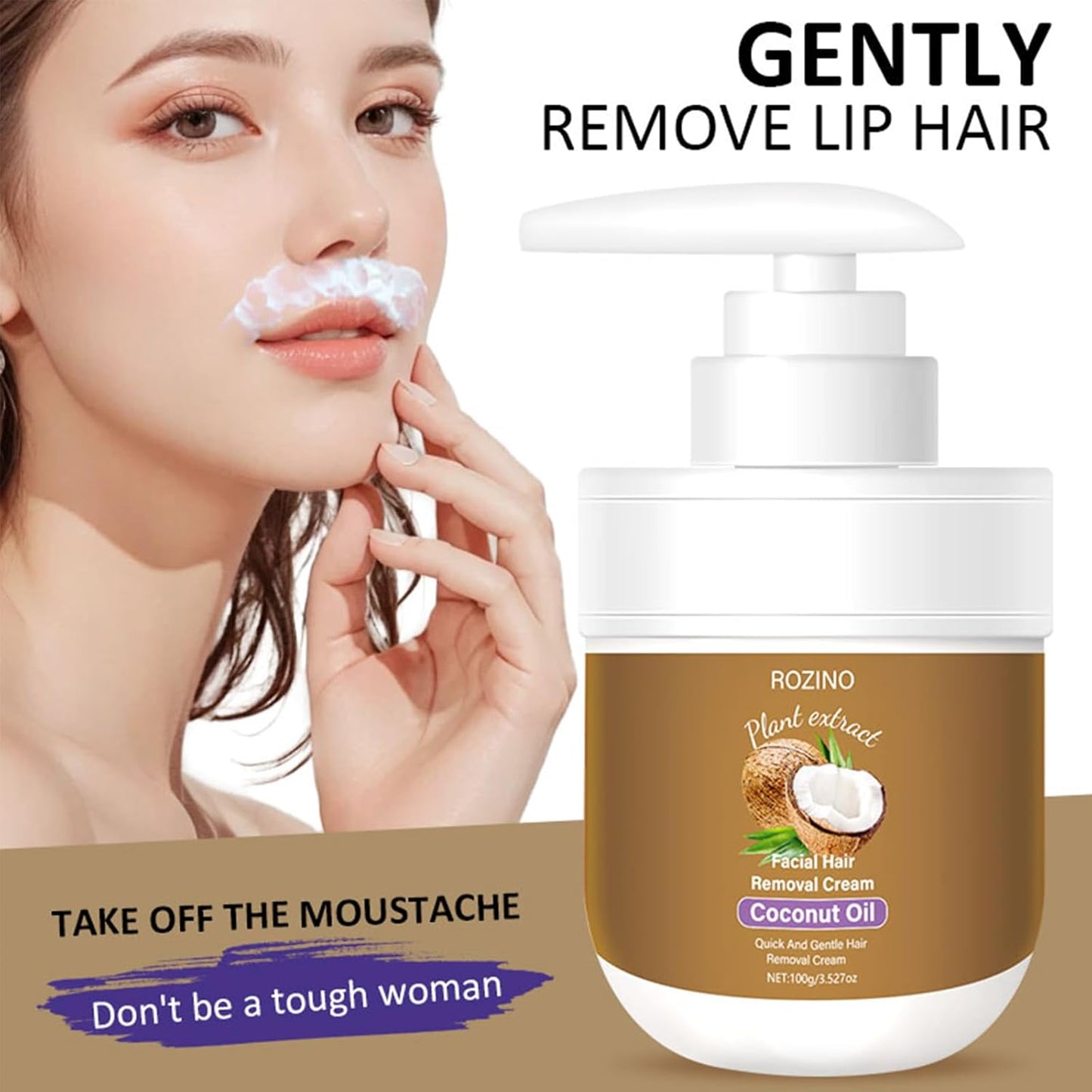 Facial Hair Removal Cream - Coconut Oil Based Gentle Body Hair Remover Cream for Women