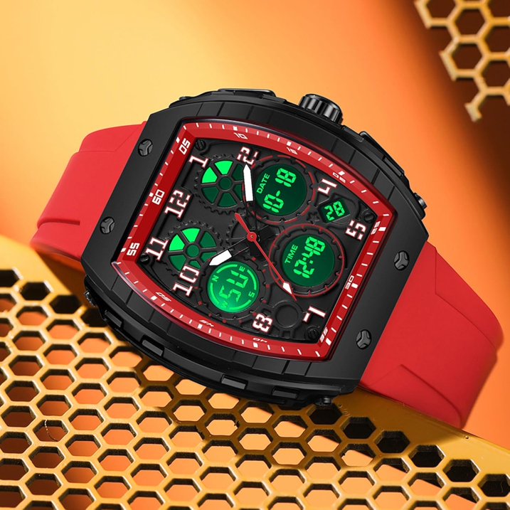 Men's Unique Rectangular Watch with Digital and Analog Dual Display