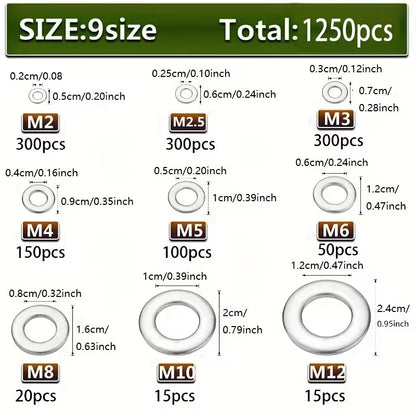 1250pcs 304 Stainless Steel Flat Washer Assortment Kit