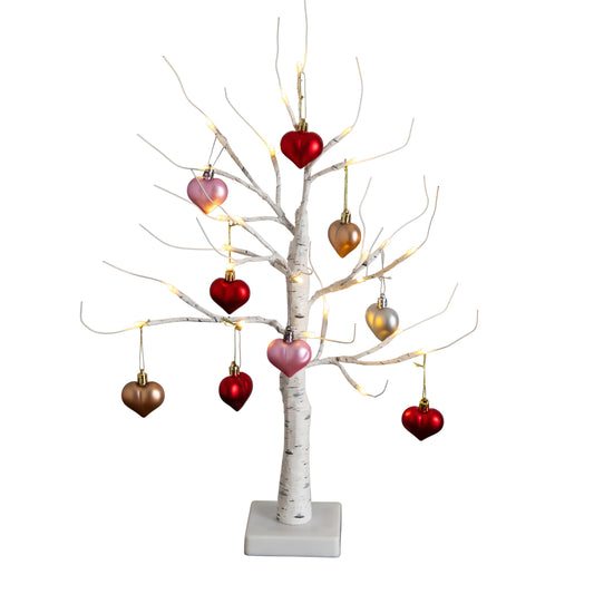 Decor 23.2" Lighted Birch Tree with 24pcs Heart Tree Ornaments