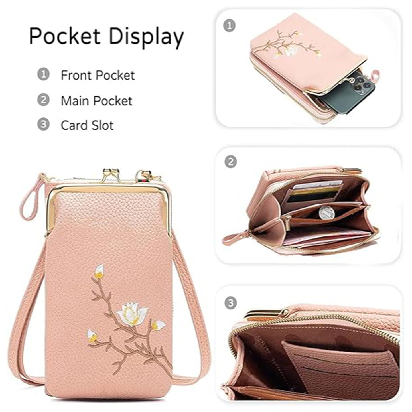 Floral Embroidered Crossbody Wallet - Waterproof , Adjustable/Detachable Strap & Multi-Pocket