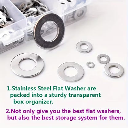 1250pcs 304 Stainless Steel Flat Washer Assortment Kit