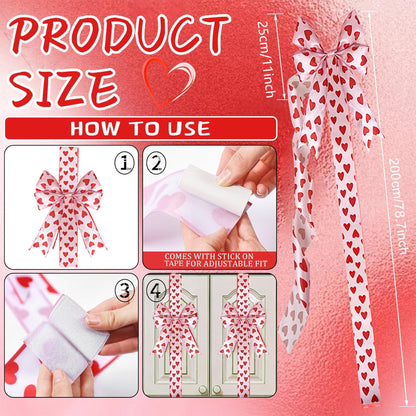 2 Pcs Valentine's Day Cabinet Ribbons Bows for Kitchen 78.8 Inch Large Red and White Heart Door