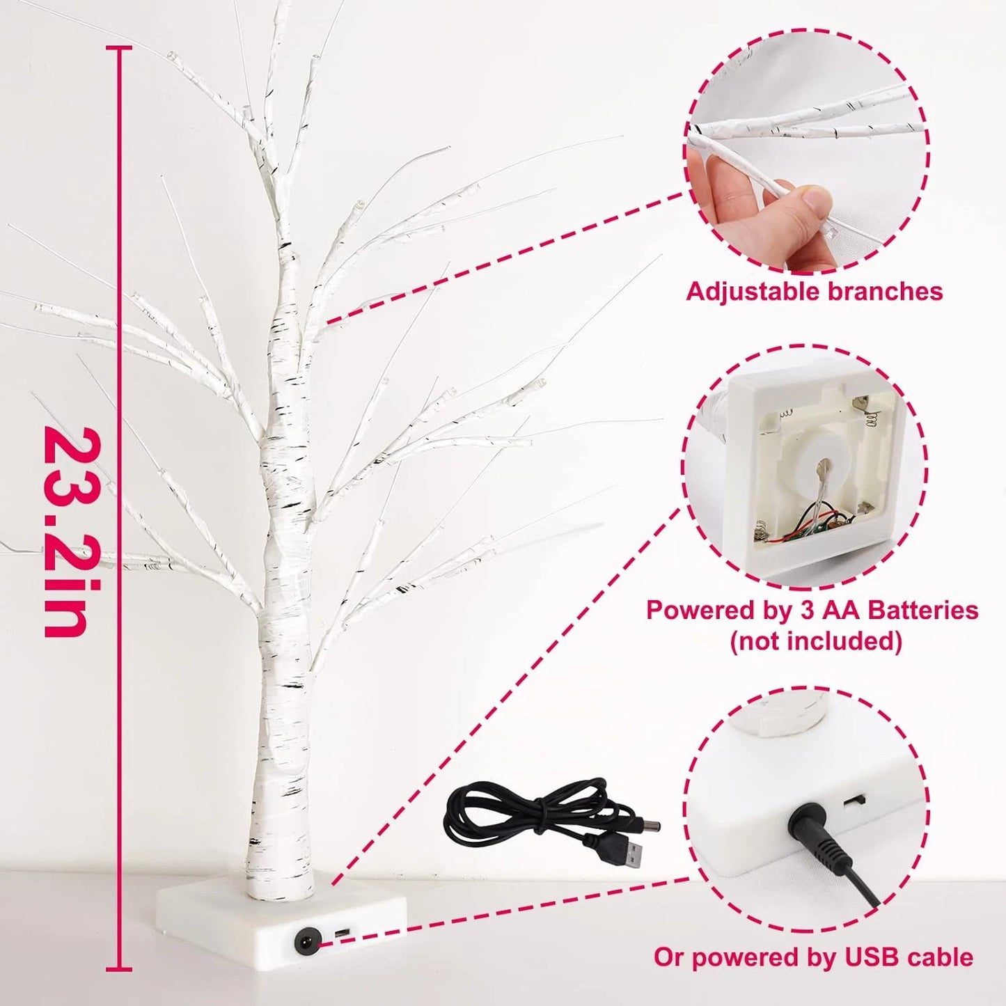 Decor 23.2" Lighted Birch Tree with 24pcs Heart Tree Ornaments