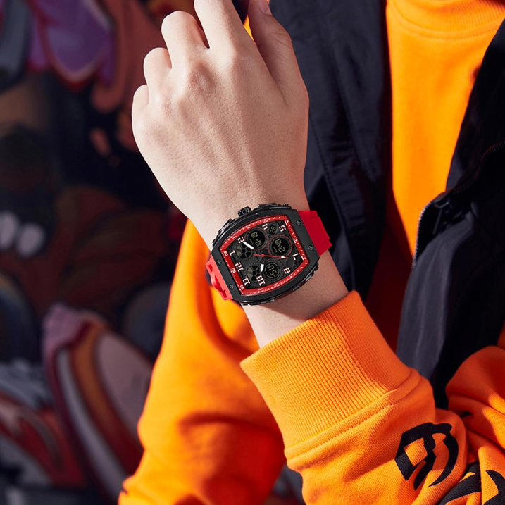 Men's Unique Rectangular Watch with Digital and Analog Dual Display