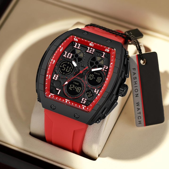Men's Unique Rectangular Watch with Digital and Analog Dual Display