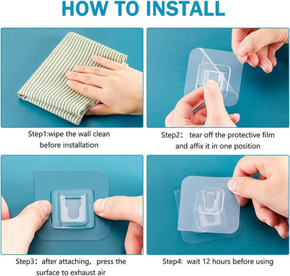 10 Pairs Clear Double-Sided Adhesive Wall Hooks - Mounted Door Hanger Kit - No Drill Sticker Hangers with Suction Cup