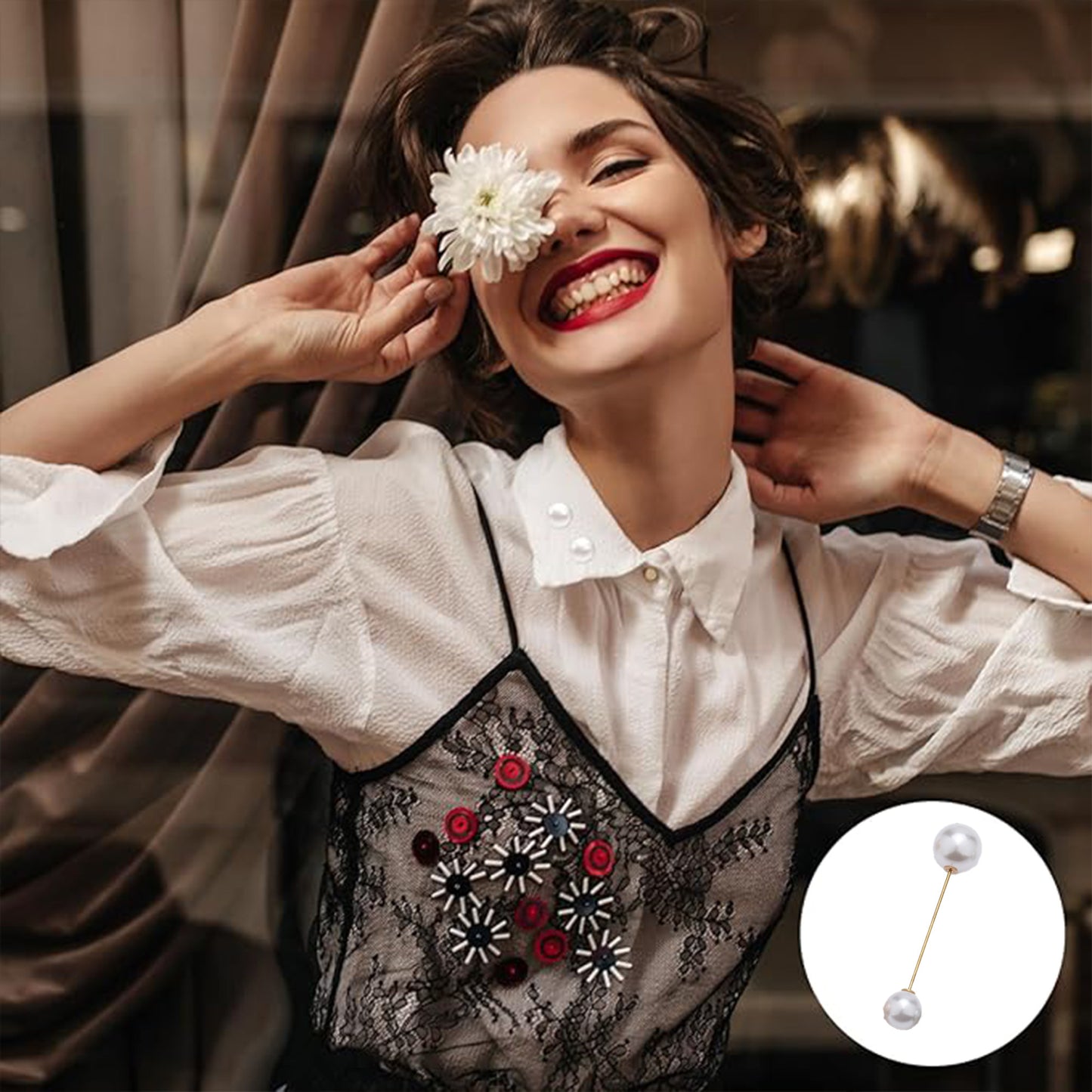 Double Faux Pearl Brooch Pins Sweater Shawl Clip Dress Cardigan Collar
