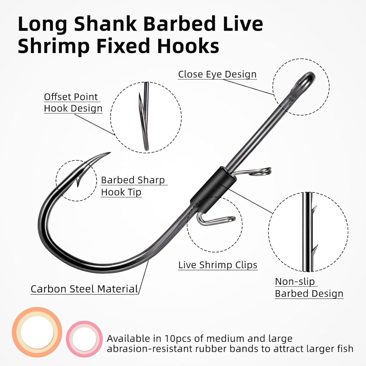 10Pcs Baitholder Fishing Hooks, Live Shrimp Fixed Hooks Carbon Steel Long Shank Barbed Hooks