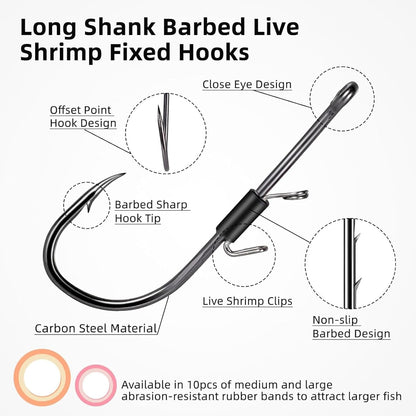 10Pcs Baitholder Fishing Hooks, Live Shrimp Fixed Hooks Carbon Steel Long Shank Barbed Hooks