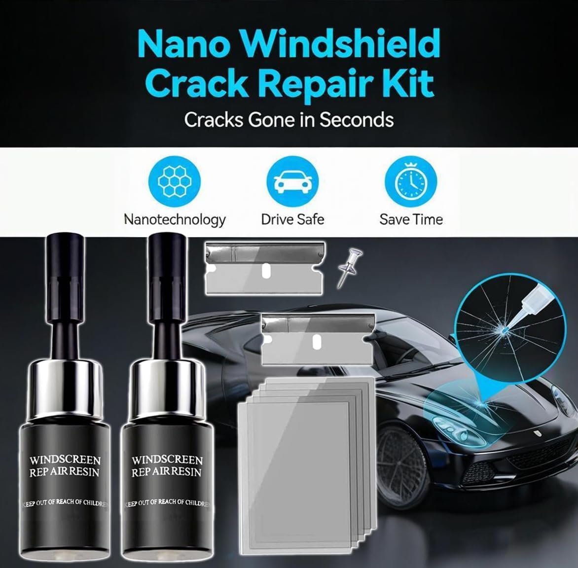 2Pcs Automotive Glass Nano Repair Fluid Kit Cracked Car Windshield  Wind Shield Car Glass Repair Set