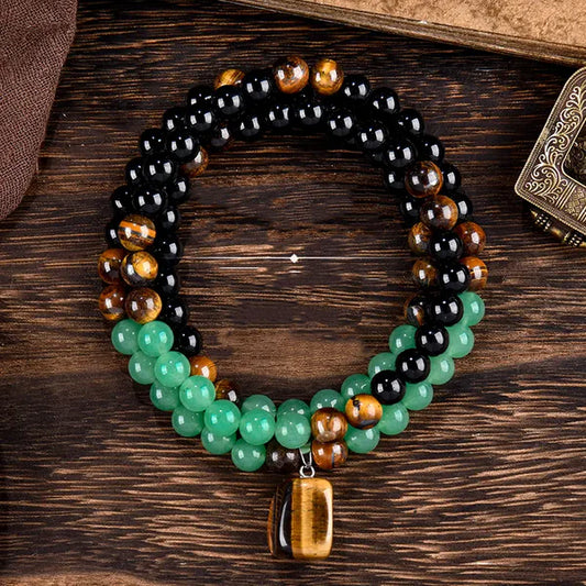 Obsidian Necklace With Green Aventurine And Tiger's Eye Pendants, A Healing Crystal