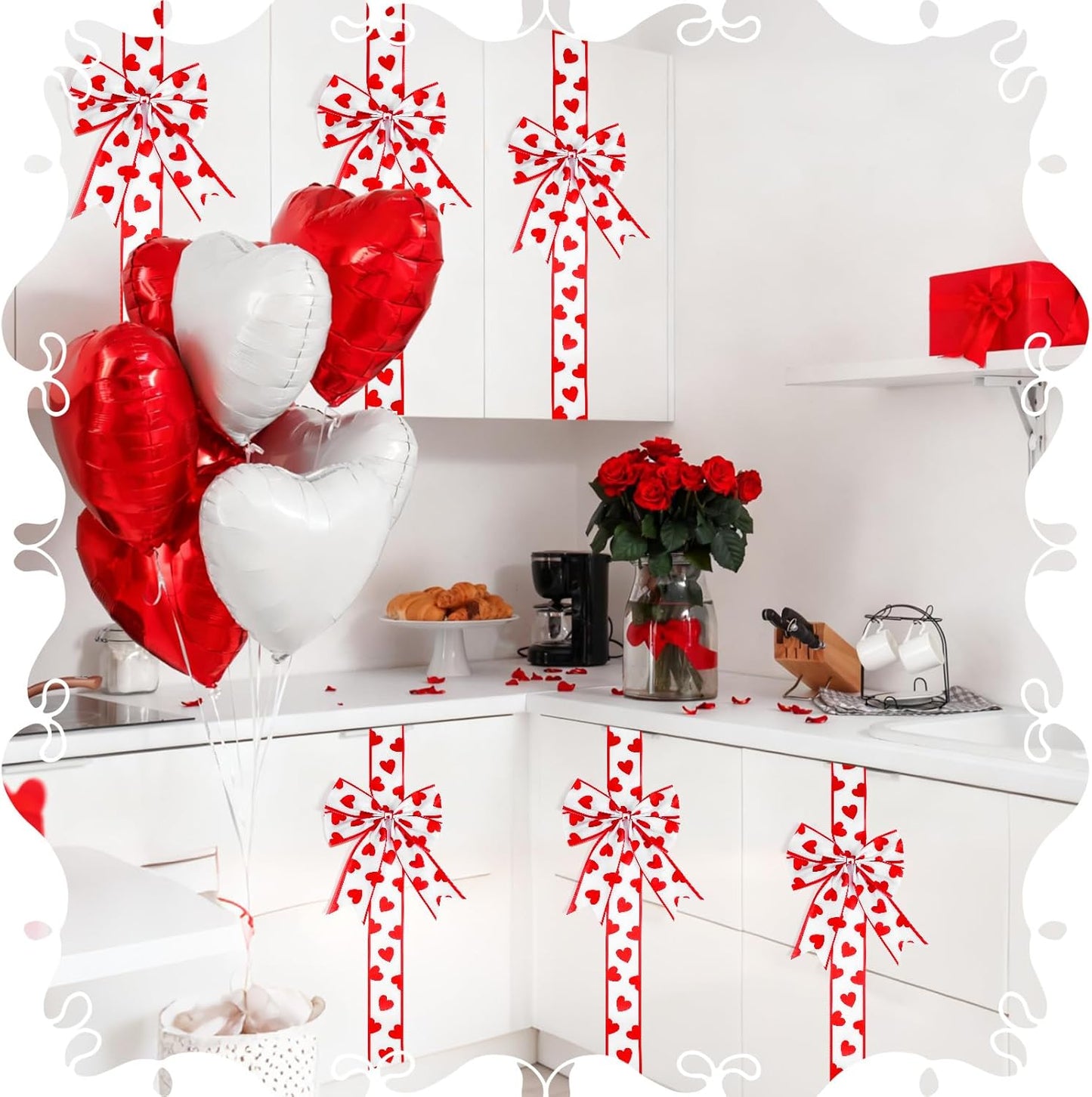 2 Pcs Valentine's Day Cabinet Ribbons Bows for Kitchen 78.8 Inch Large Red and White Heart Door