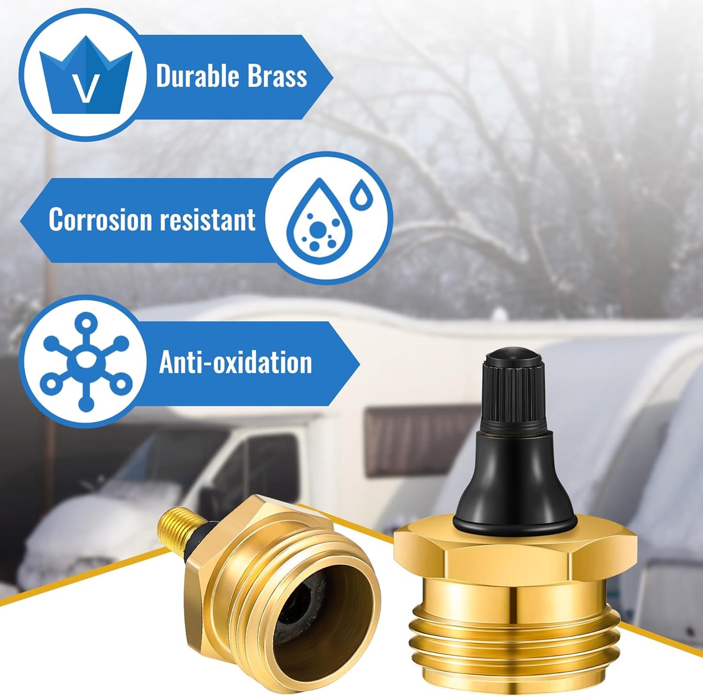 Brass Blow Out Plug for RV Antifreeze, Air Hose Compatible with Schrader Valve to Blow Out RV Water Lines