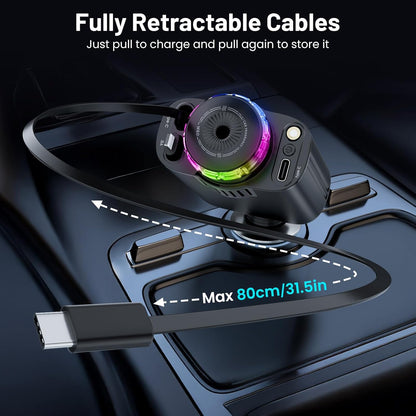 Retractable Car Charger with Aromatherapy and Starlight, Fast Charging Compatible with iPhone Android