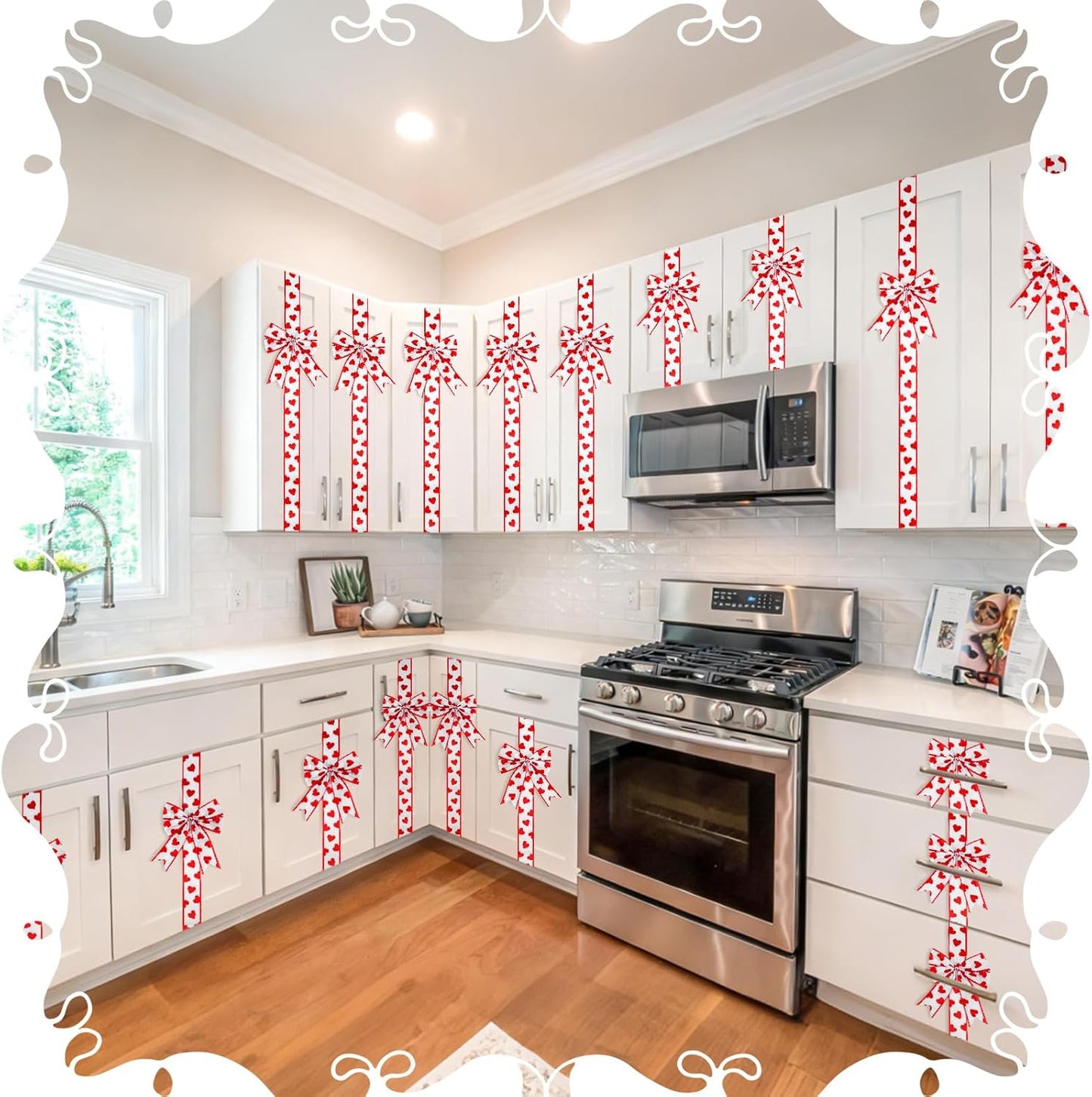 2 Pcs Valentine's Day Cabinet Ribbons Bows for Kitchen 78.8 Inch Large Red and White Heart Door