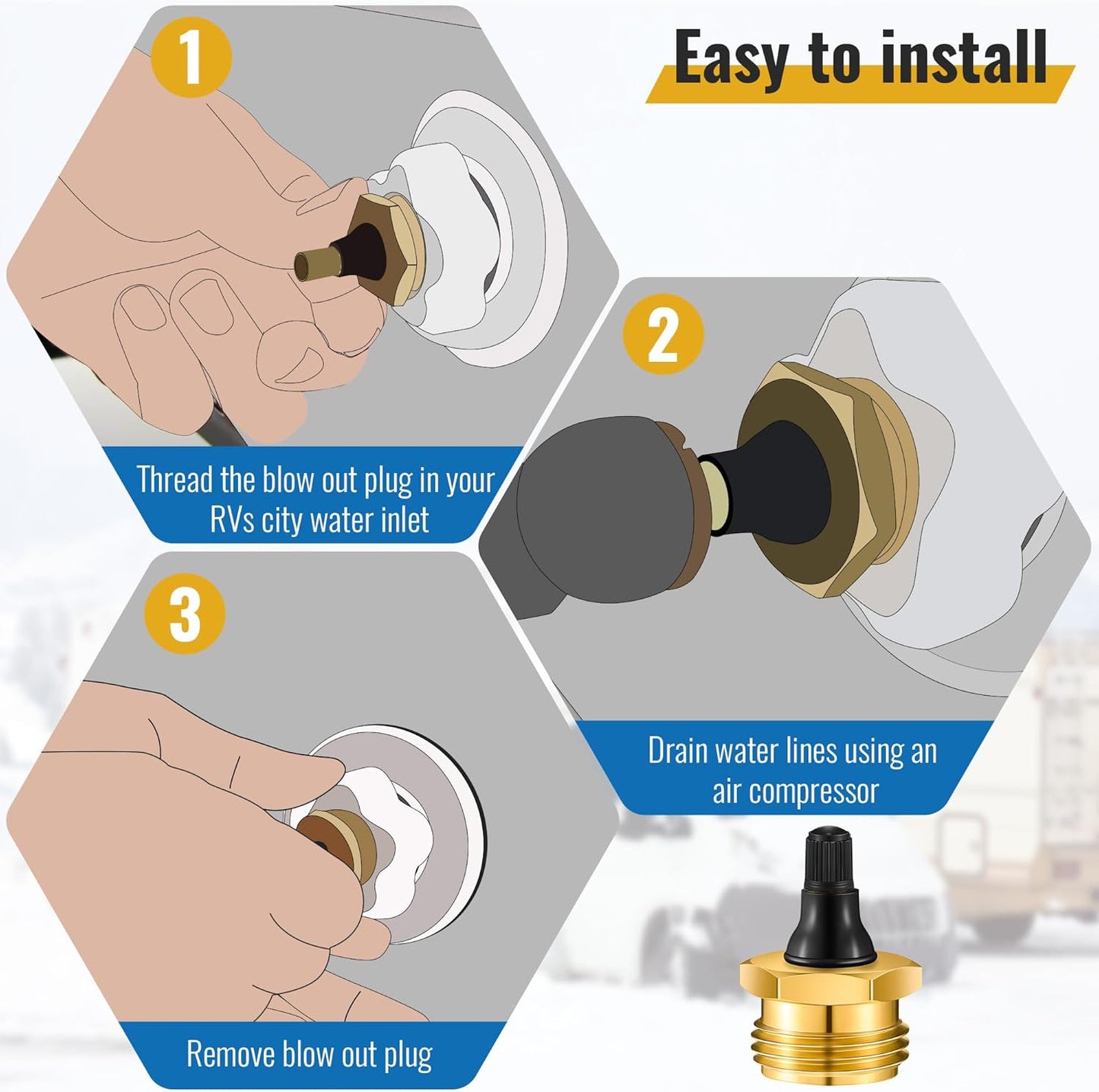 Brass Blow Out Plug for RV Antifreeze, Air Hose Compatible with Schrader Valve to Blow Out RV Water Lines