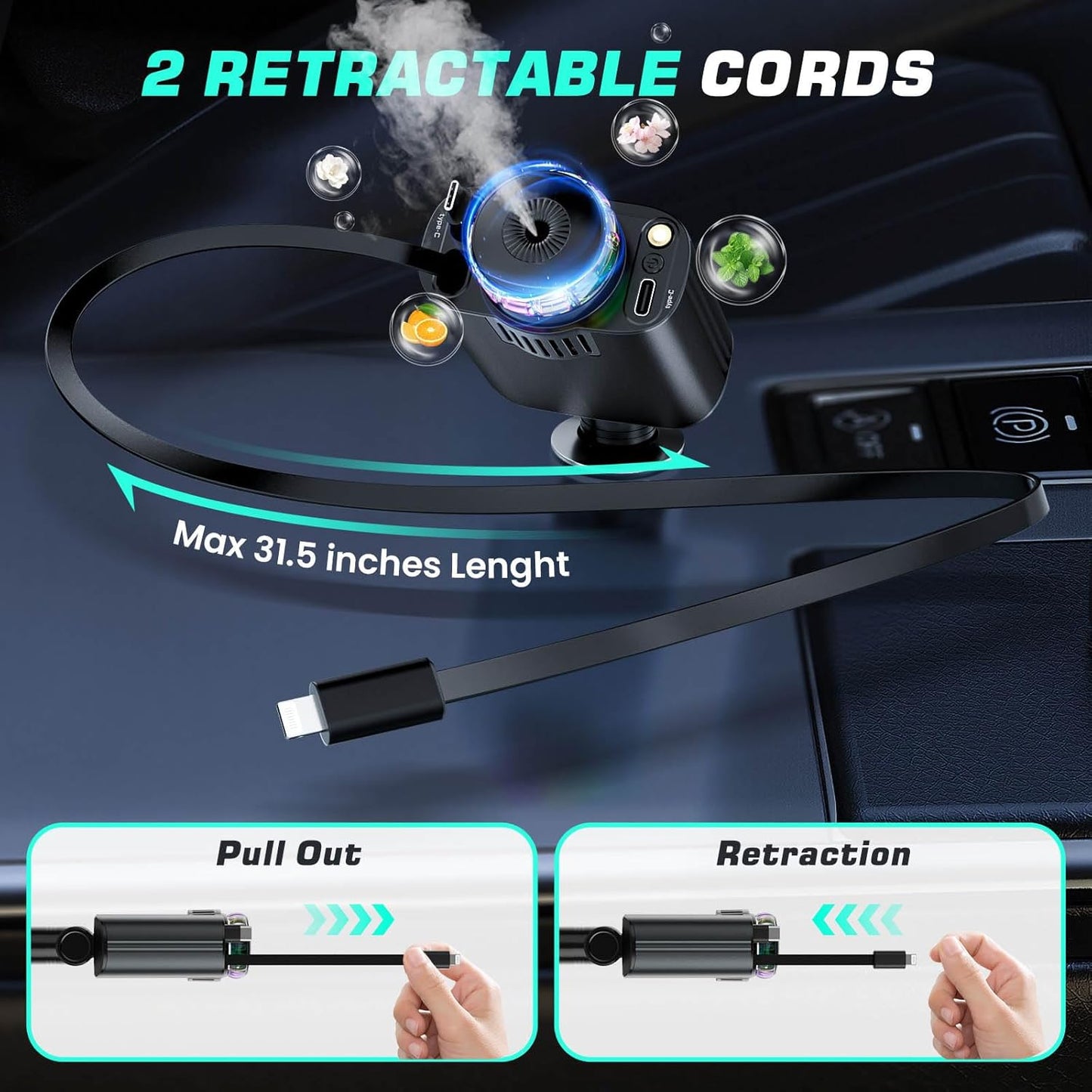 Retractable Car Charger with Aromatherapy and Starlight, Fast Charging Compatible with iPhone Android