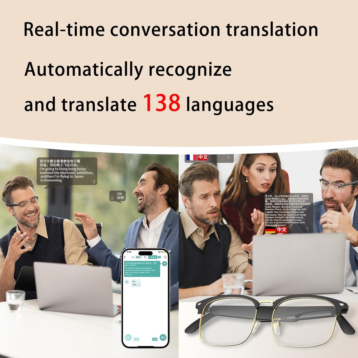 AI Translator Glasses, Smart Glasses with Built in Mic and Speakers