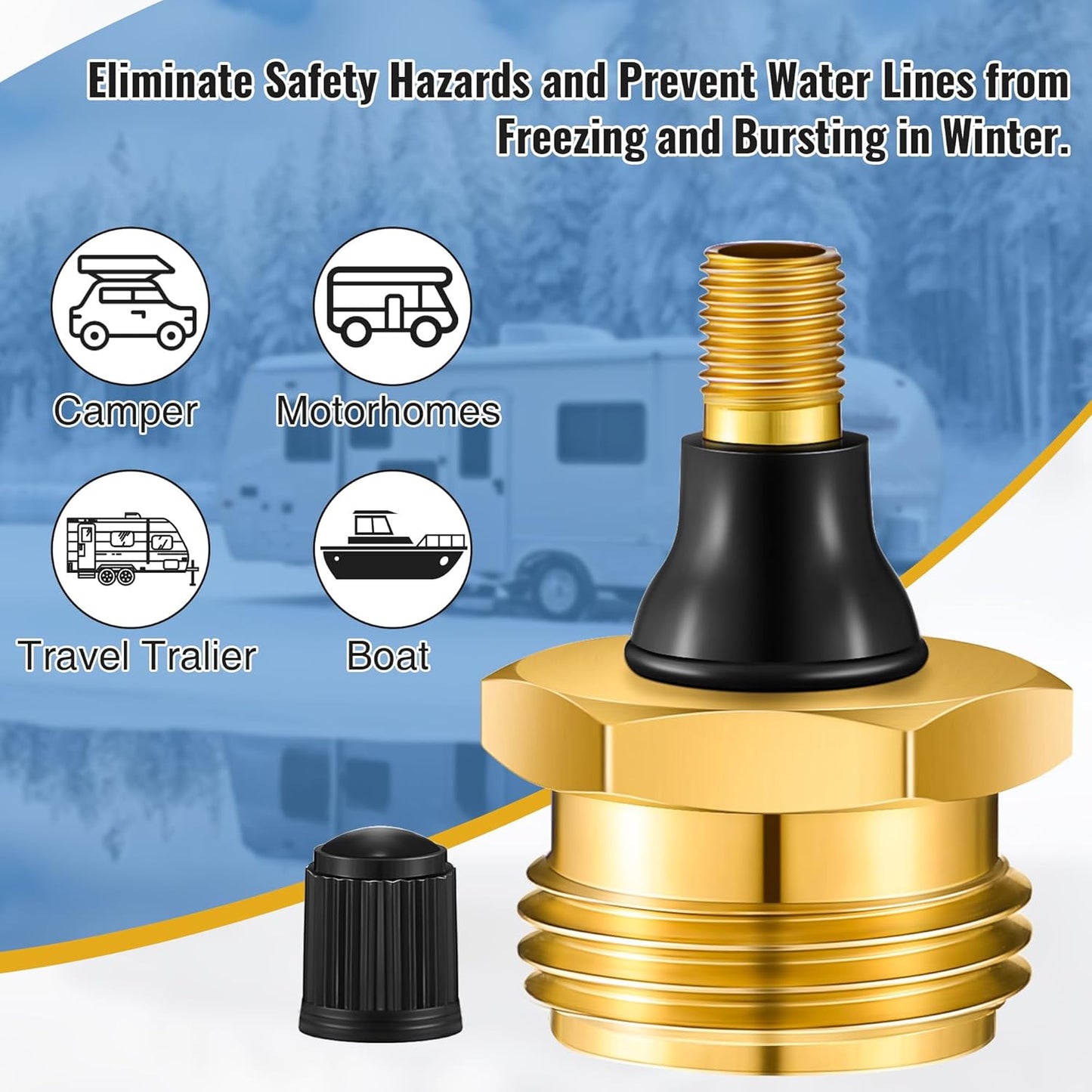 Brass Blow Out Plug for RV Antifreeze, Air Hose Compatible with Schrader Valve to Blow Out RV Water Lines