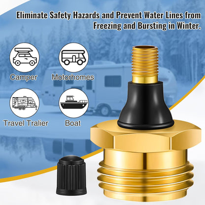 Brass Blow Out Plug for RV Antifreeze, Air Hose Compatible with Schrader Valve to Blow Out RV Water Lines