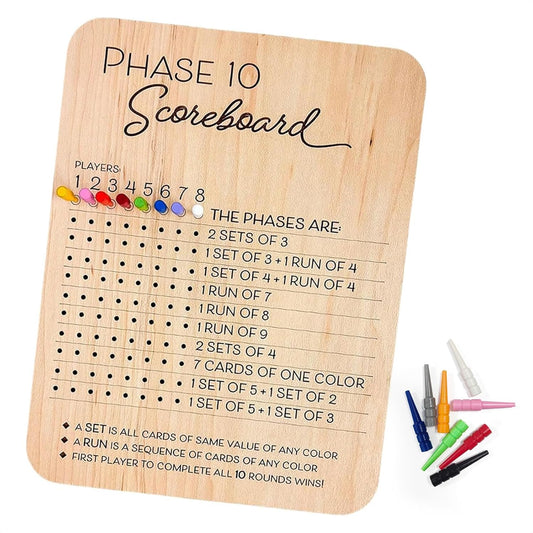 Phase 10 Score Board, Wooden Scoreboard with 8 Colored Pegs for Phase 10 Card Game