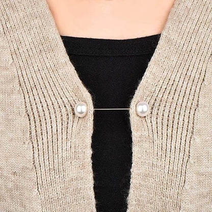 Double Faux Pearl Brooch Pins Sweater Shawl Clip Dress Cardigan Collar