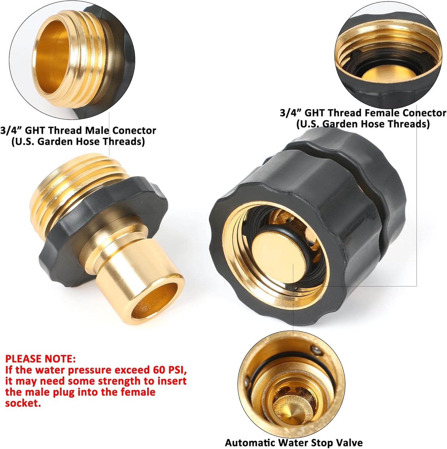 3/4 Inch Garden Hose Fitting Quick Connector Male and Female Set with Extra Rubber Washers