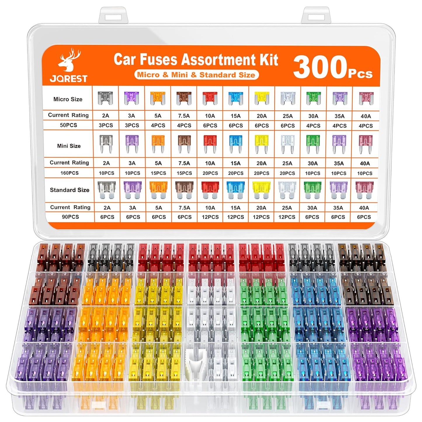 300Pcs Car Fuse Assortment Kit, 160 Mini Blade Fuses Automotive + 90 Standard Auto Fuses + 50 Micro + Puller