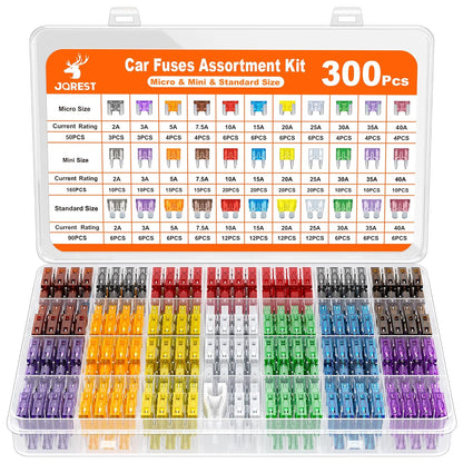 300Pcs Car Fuse Assortment Kit, 160 Mini Blade Fuses Automotive + 90 Standard Auto Fuses + 50 Micro + Puller