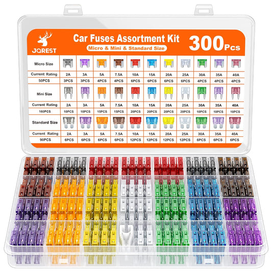 300Pcs Car Fuse Assortment Kit, 160 Mini Blade Fuses Automotive + 90 Standard Auto Fuses + 50 Micro + Puller