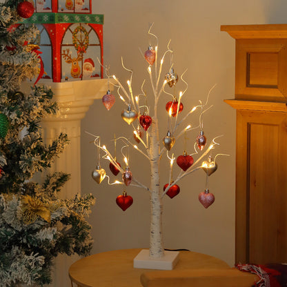 Decor 23.2" Lighted Birch Tree with 24pcs Heart Tree Ornaments
