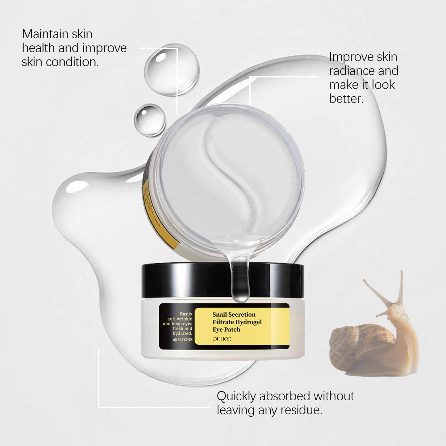 60Parches Snail Secretion Eye Mask - Reduces Fine Lines, Hydrates, Moisturizes, and Nourishes the Delicate Skin