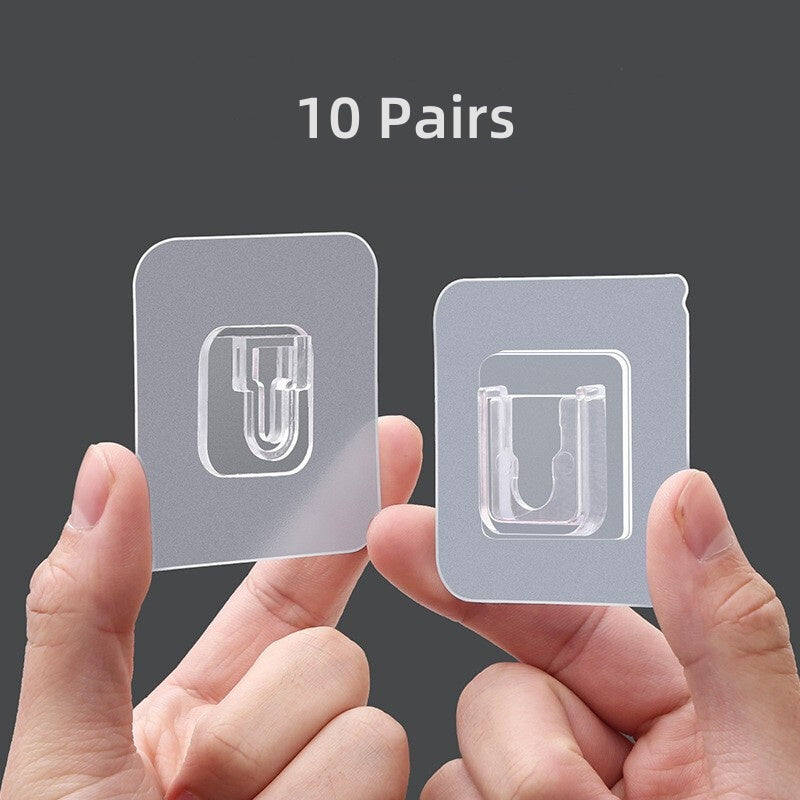 10 Pairs Clear Double-Sided Adhesive Wall Hooks - Mounted Door Hanger Kit - No Drill Sticker Hangers with Suction Cup