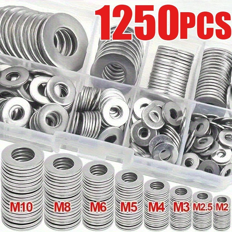 1250pcs 304 Stainless Steel Flat Washer Assortment Kit