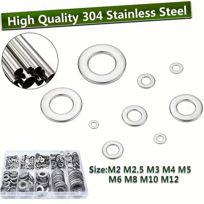 1250pcs 304 Stainless Steel Flat Washer Assortment Kit